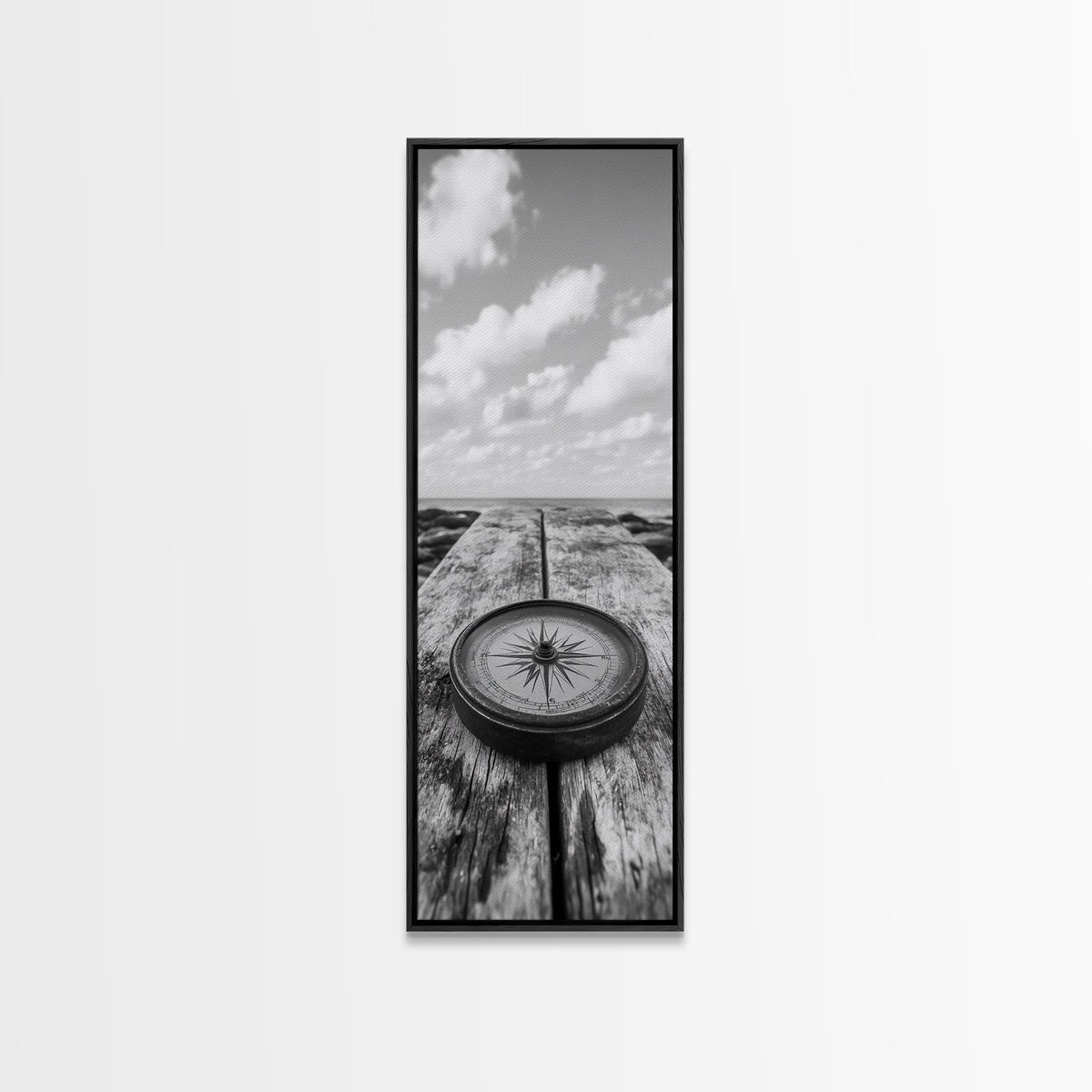 Vintage Compass, Weathered Wood, Ocean Horizon, Canvas Print, Nautical Wall Art, Study Room Decor, Travel Adventure Theme, Library Decor