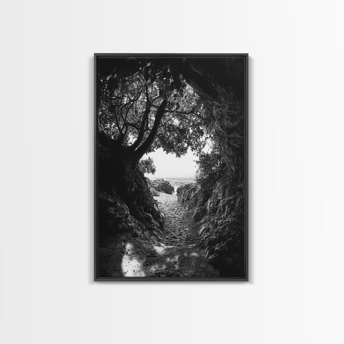 Hidden Beach, Cave Entrance, Secret Shoreline, Natural Light, Canvas Print, Bathroom Wall Decor, Travel Inspired Art, Black And White