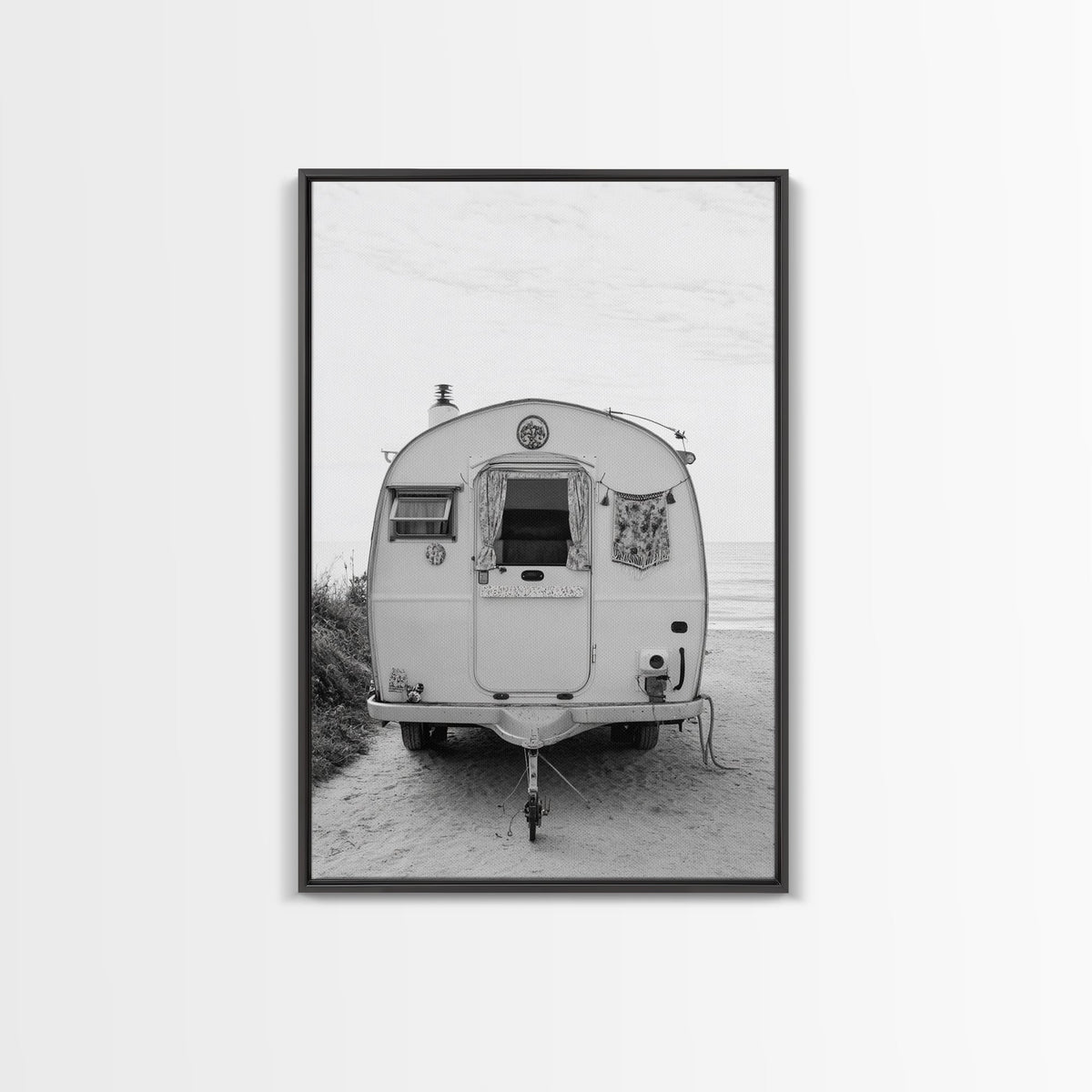 Camper, Vintage, Beach, Boho - Coastal trailer life, Framed Canvas Print, retro decor, great bedroom or travel-inspired office art, black white