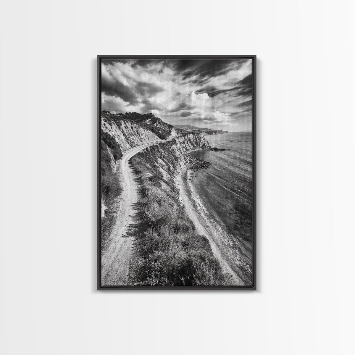 Coastal Mountain Trail, Ocean View, Travel Photography, Framed Canvas Print, Scenic Landscape Art, Office or Hallway Wall Art