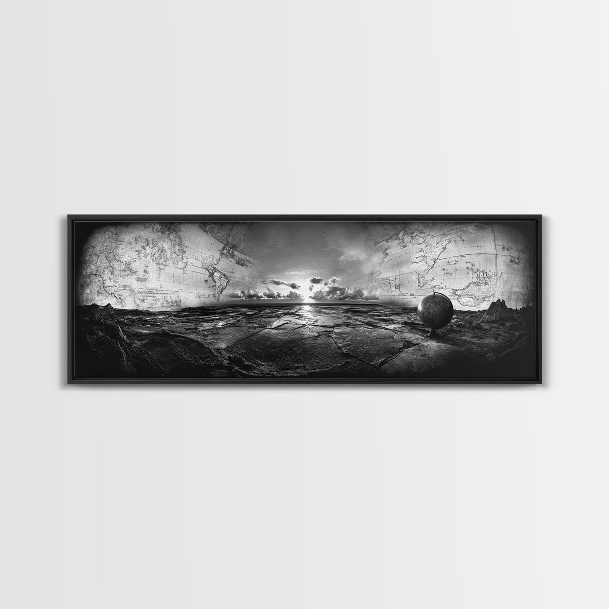 World Map, Globe Horizon, Explorer’s Dream, Canvas Print, Travel Wall Art, Surreal Photography, Study Room Adventure Decor