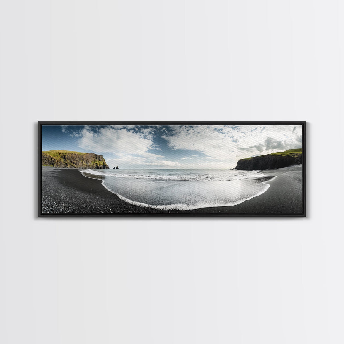 Black Sand Beach, Coastal Cliffs, Ocean Horizon, Icelandic Shore, Framed Canvas Print, Living Room Wall Art, Travel Landscape, Nature Decor