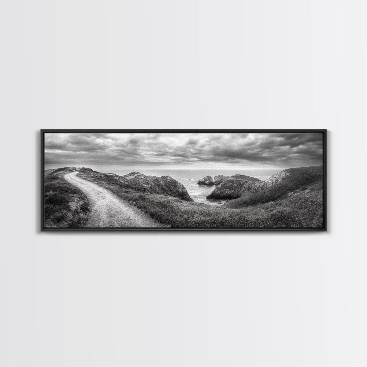 Cliff Path, Sea Escape, Moody Sky, Adventure Trail, Canvas Print, Modern Entryway Wall Art, Travel Photography, Nature Scene