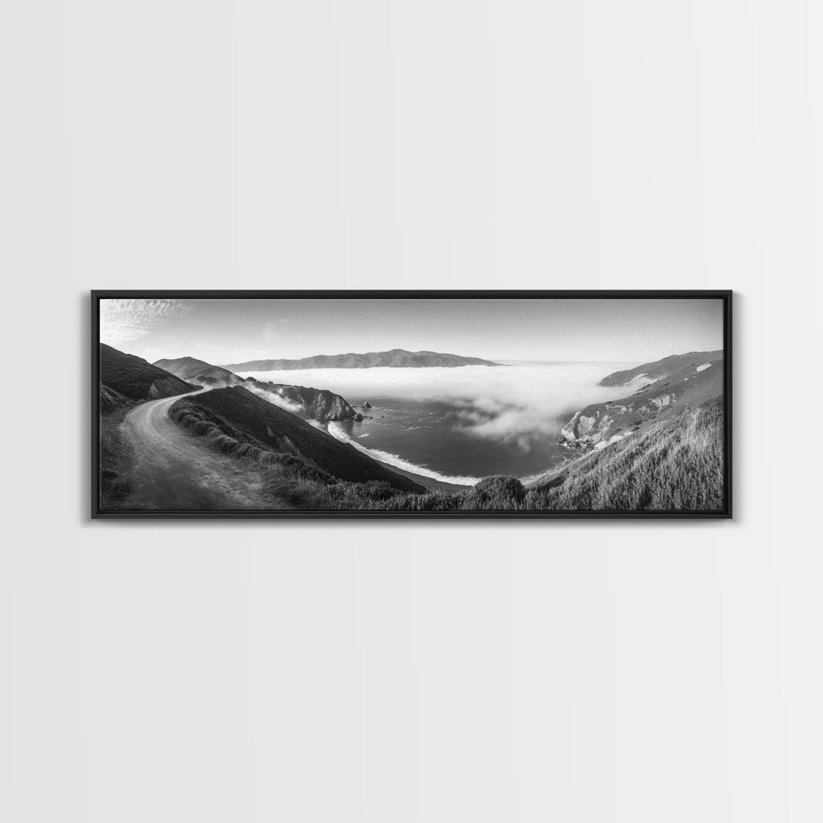 Mountain Road, Foggy Ocean View, Cliffside Drive, Framed Canvas Print, Scenic Wall Decor, Travel Photography, Modern Minimalist Art