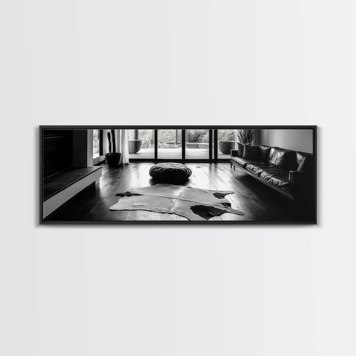 Modern Living, Minimalist Decor, Cowhide Rug, Framed Canvas Print, Neutral Aesthetic Wall Art, Luxury Living Room Design Accent