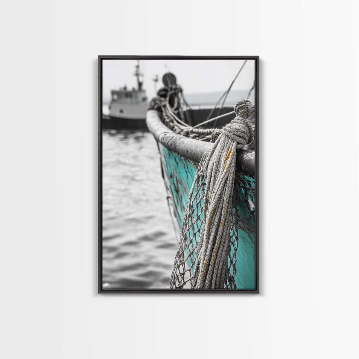 Nautical Texture, Vintage Boat, Rope Detail, Fishing Vessel, Framed Canvas Print, Coastal Wall Art, Rustic Decor, Maritime Photography