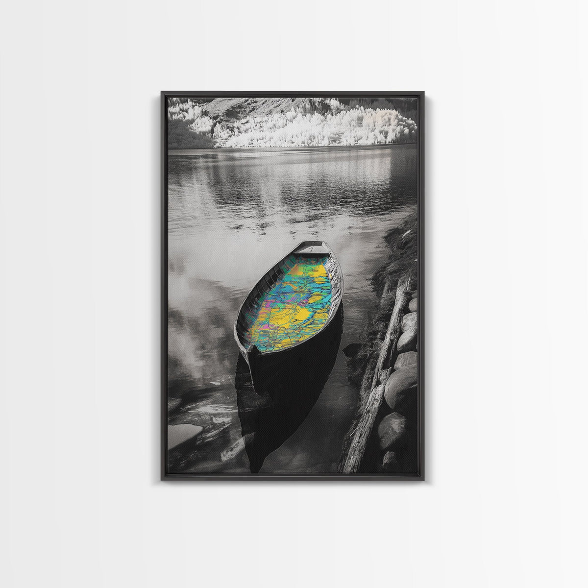 Rowboat Map Interior, Lake Reflections, Artistic Travel Theme, Canvas Print, Cabin Wall Art, Unique Lake House Decor, Explorer Style