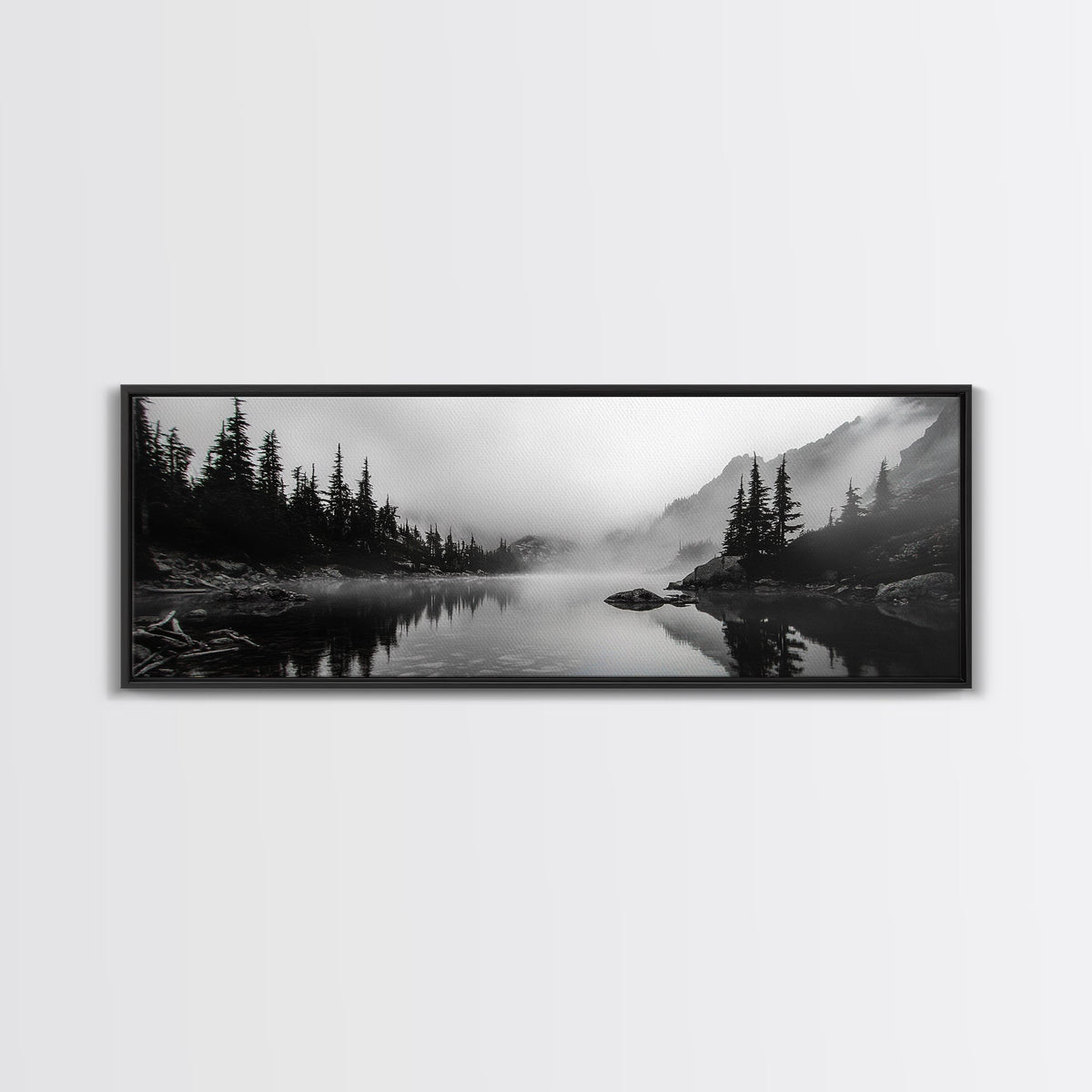 Foggy Pines, Mountain Reflection, Monochrome Wilderness, Canvas Print, black and white wall art, cabin decor, minimalist forest scene