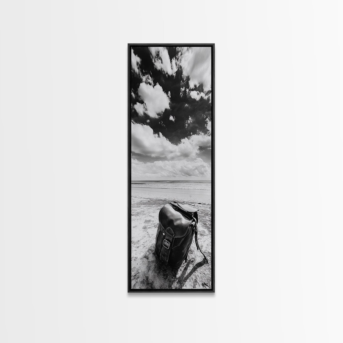 Leather Bag, Beach Canvas Print, wabi sabi wall art, minimalist art, coastal decor, rustic photography, vintage travel aesthetic, moody art