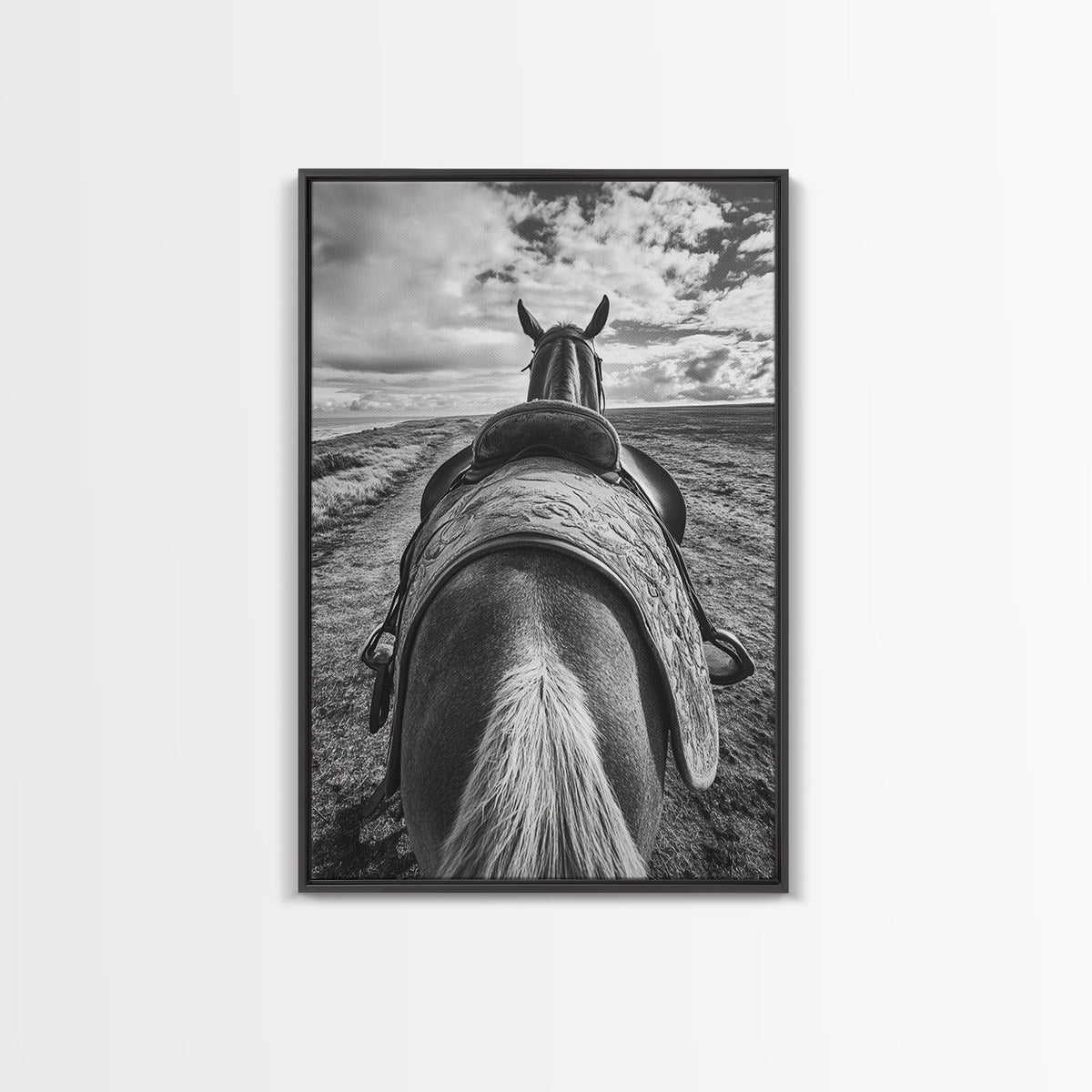 Horseback View, vintage horse art, equestrian decor, rustic wall art, western home decor, moody art, framed canvas print, farmhouse art