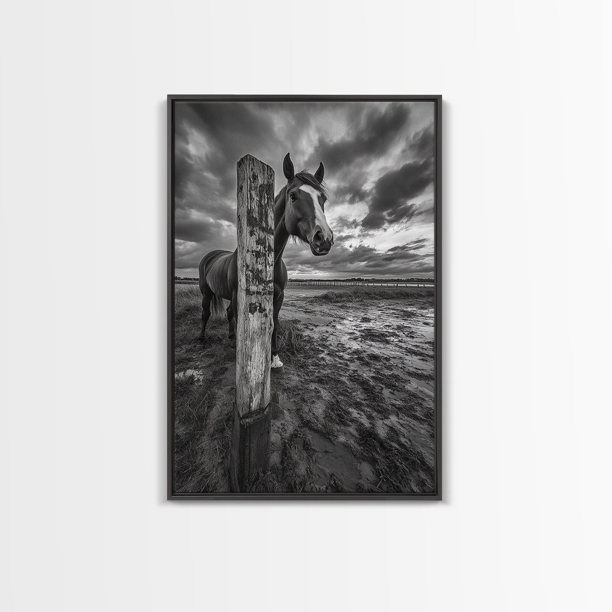 Horse wall art, vintage horse art, rustic decor, black and white photography, moody art, extra wide art, framed canvas print, farmhouse art
