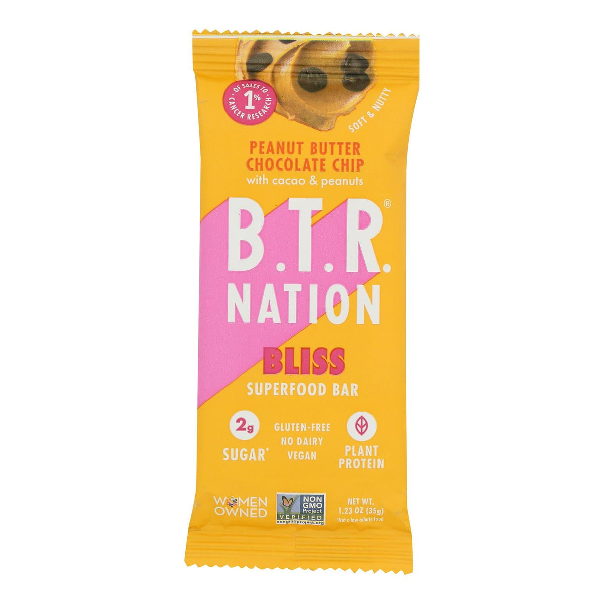 B.T.R. Bar Superfood Protein Bar, Peanut Butter Chocolate Chip Bliss, 1.2 oz (Case of 12)