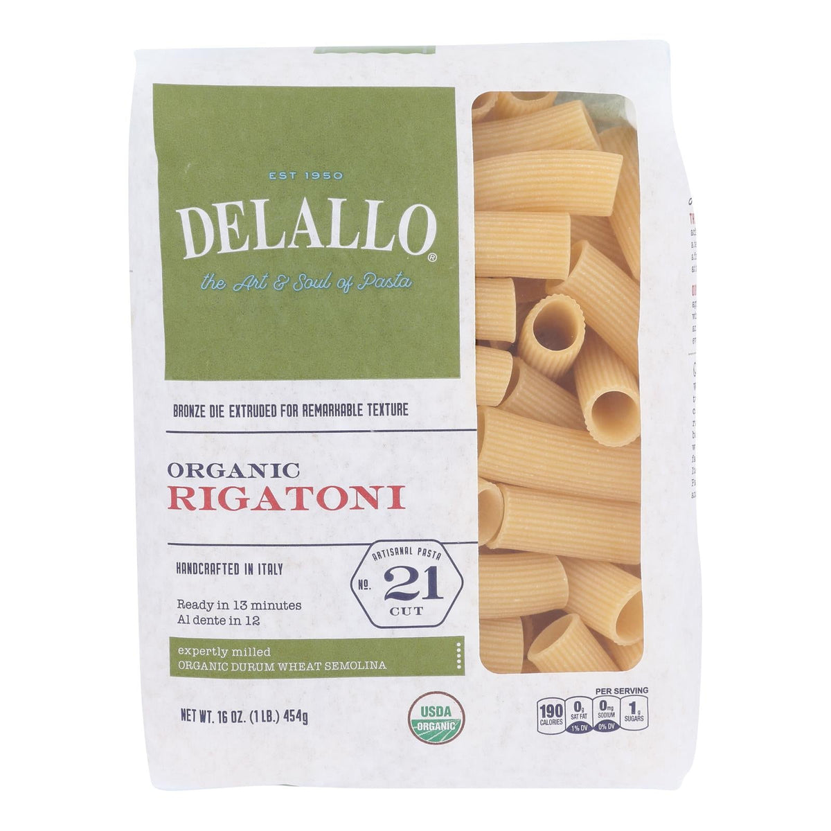 DeLallo Organic Rigatoni No. 21 Pasta, 16 oz (Case of 8)