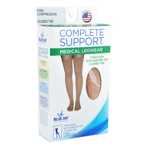 20-30 mmHg Thigh High Compression Stockings with Garter Top - Firm Support, Closed Toe - Small - Beige