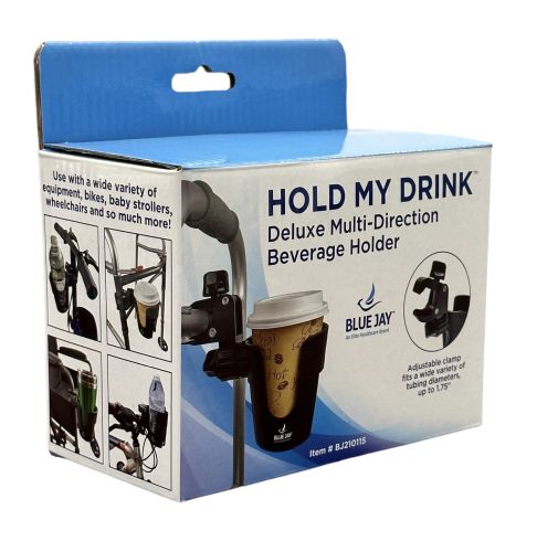 Hold My Drink Dlx Multi-Directional Cup Holder for Rollators, Wheelchairs, Walkers - Blue Jay