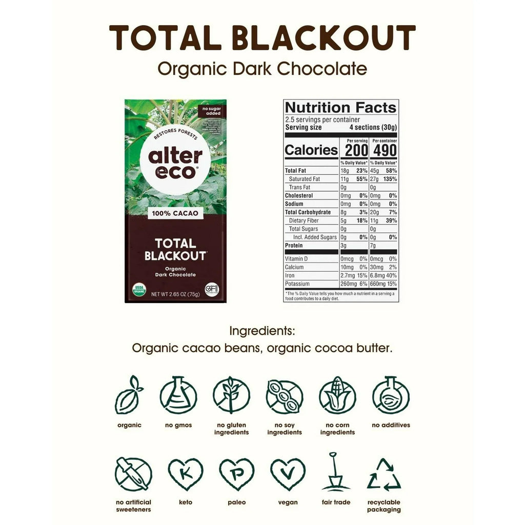 Alter Eco Organic Blackout 100% Dark Chocolate – Fair Trade Swiss Cacao, Case of 12-2.65 Oz