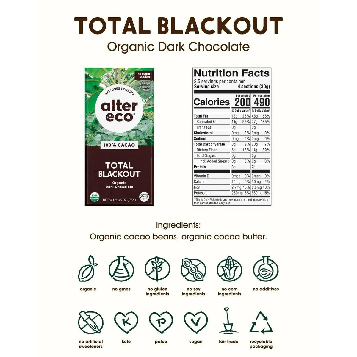 Alter Eco Organic Blackout 100% Dark Chocolate – Fair Trade Swiss Cacao, Case of 12-2.65 Oz