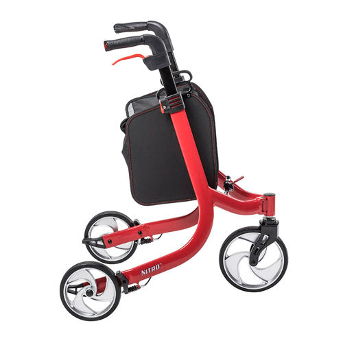 Nitro 3-Wheel Aluminum Rollator, Red, Lightweight Folding Design, 300 lb Capacity