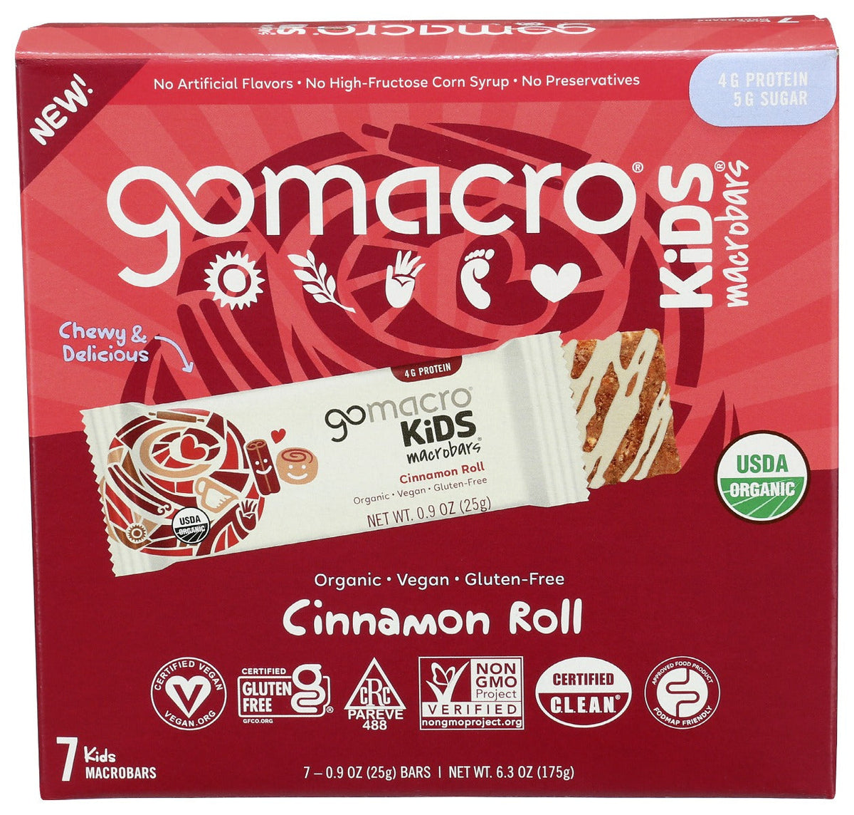 GoMacro Kids Cinnamon Roll Bars, 6.3 oz (Case of 7)