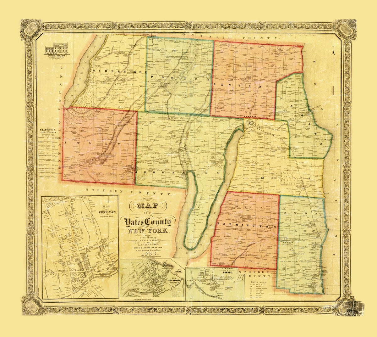 Vintage Map of Yates County, New York 1855