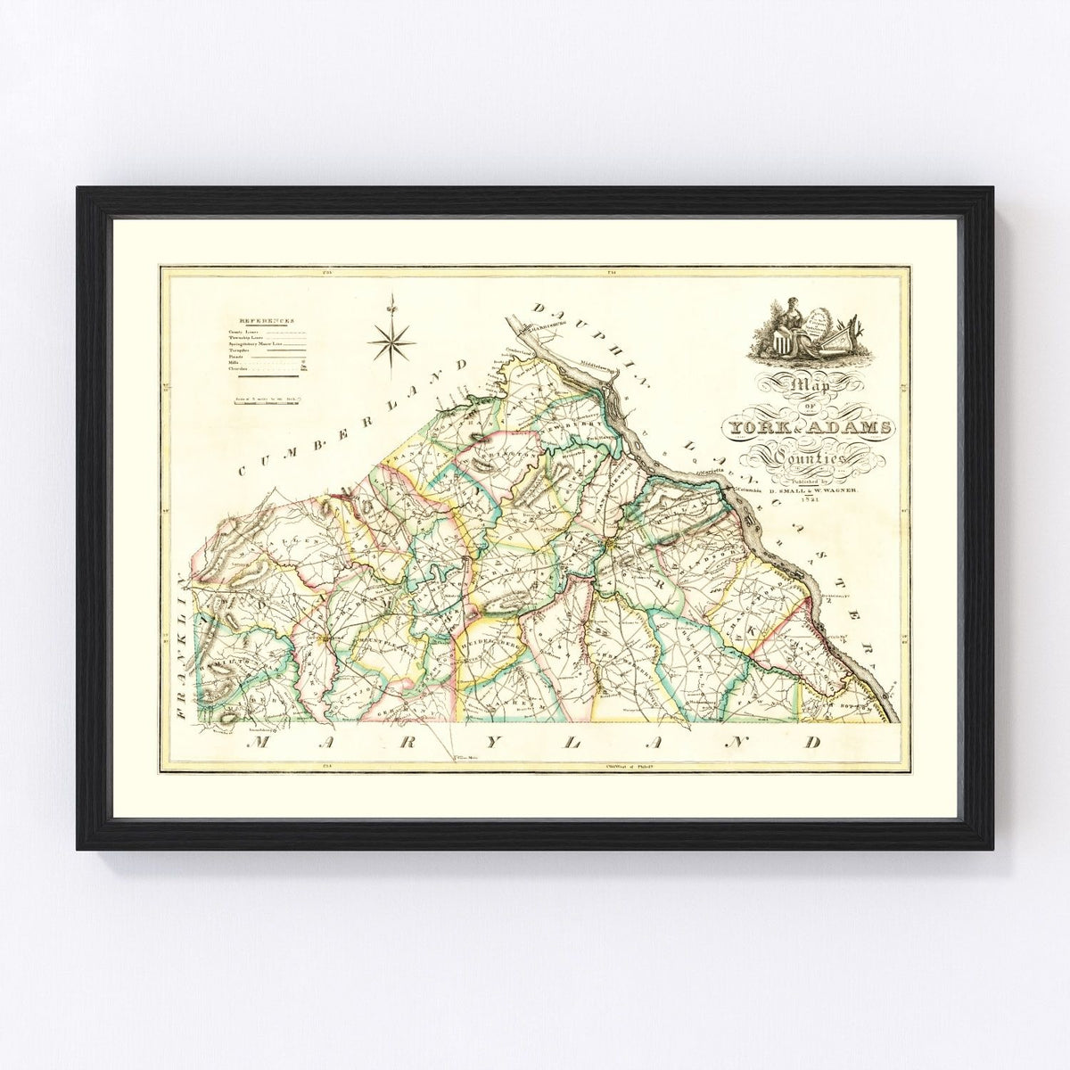 Vintage Map of York County, Pennsylvania 1821