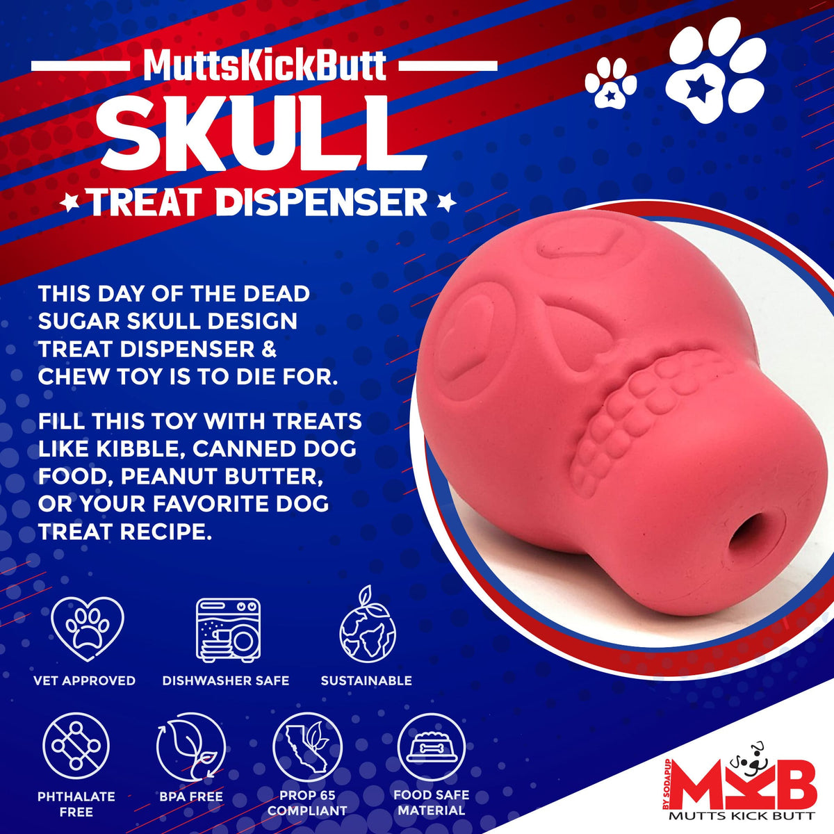 Sugar Skull Dog Chew Toy & Treat Dispenser - USA Made | SodaPup