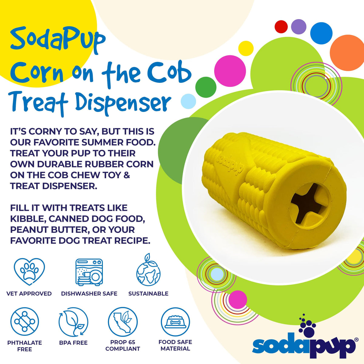 Corn on the Cob Dog Toy - Durable Rubber Treat Dispenser | USA Made