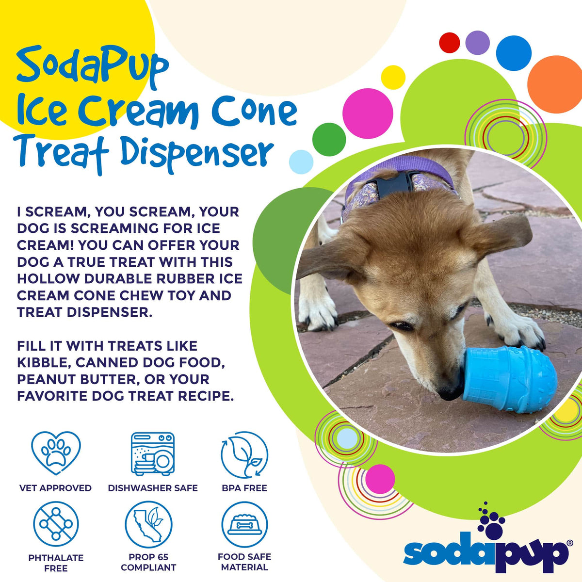 Ice Cream Cone Rubber Dog Chew Toy | Treat Dispenser | USA Made | SodaPup