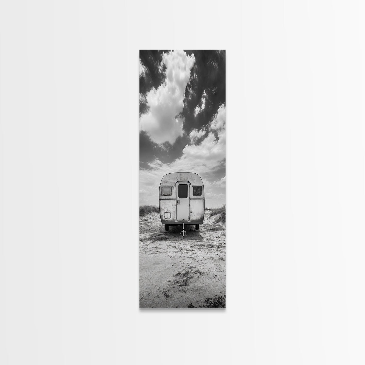 Vintage Camper, Cloudy Sky, Wanderlust Life, Desert Minimalism, Framed Canvas Print, Retro Travel Wall Art, Boho Bedroom Print, Office Art