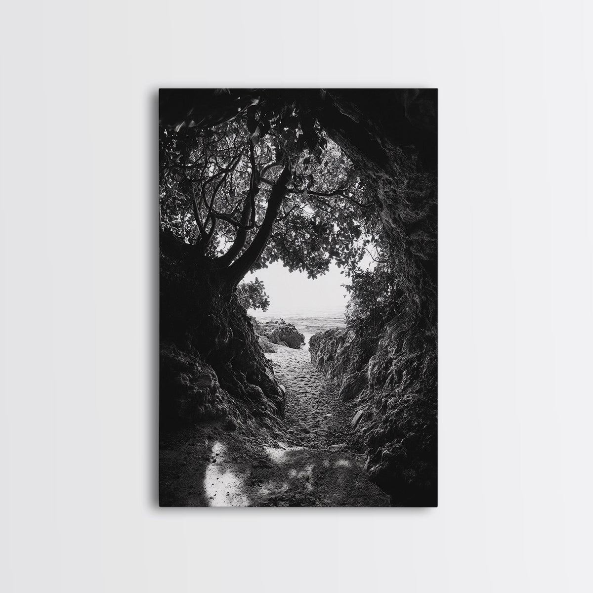Hidden Beach, Cave Entrance, Secret Shoreline, Natural Light, Canvas Print, Bathroom Wall Decor, Travel Inspired Art, Black And White