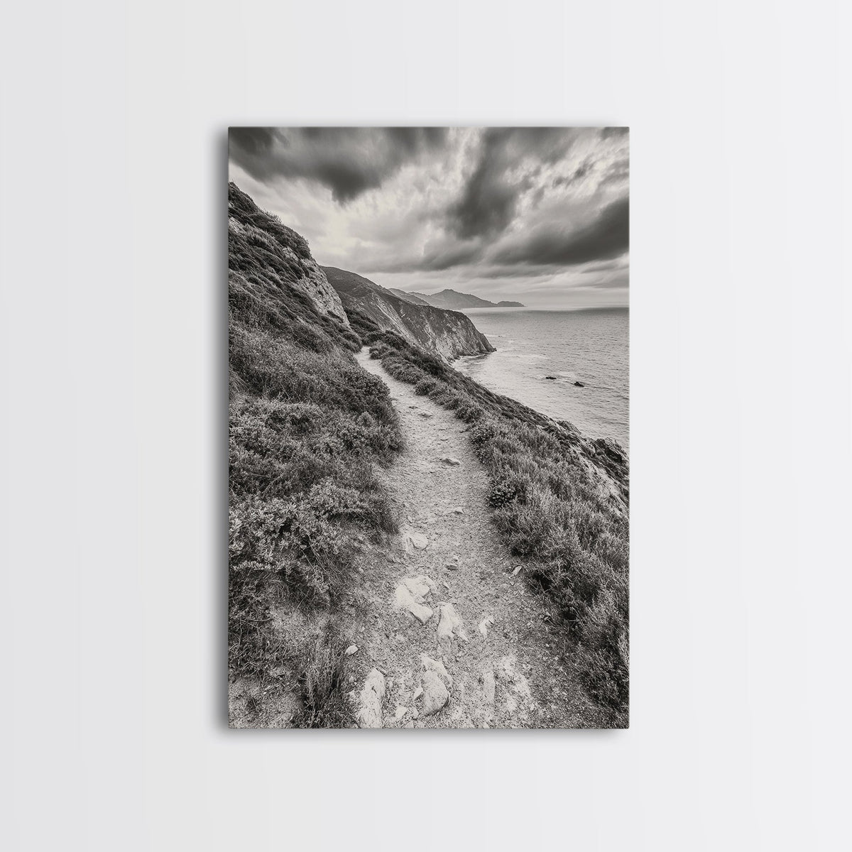 Cliffside Path, Coastal Trail, Ocean Escape, Canvas Print, Moody Landscape Wall Art, Living Room Decor, Adventure Travel Aesthetic