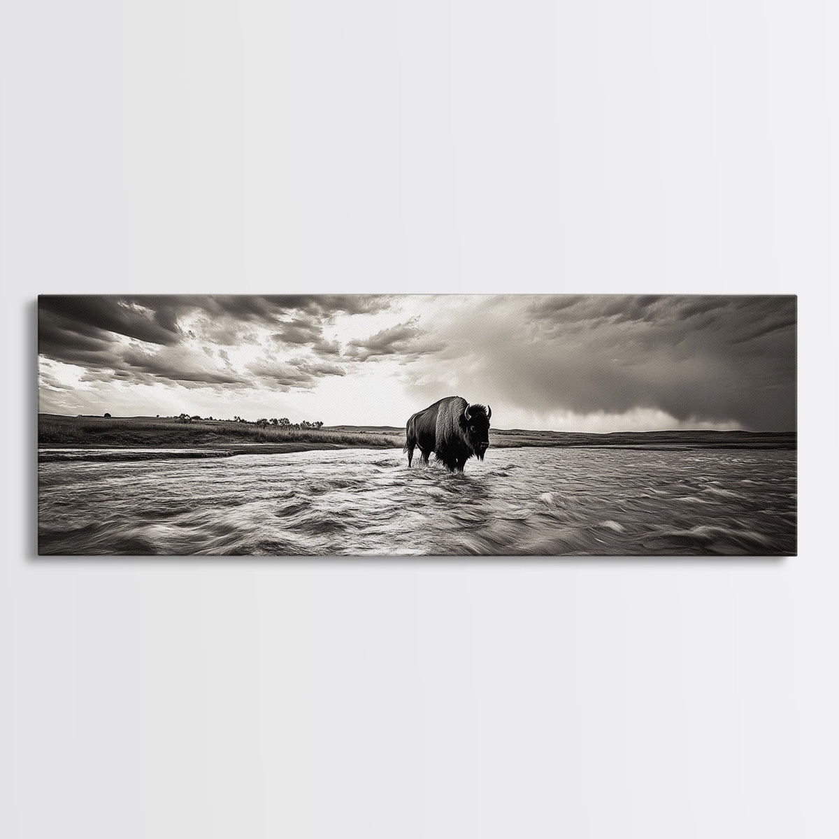 Bison River, Prairie Storm, American West, Framed Canvas Print, Rustic Nature Art, Fall Living Room Decor, Wildlife Photography