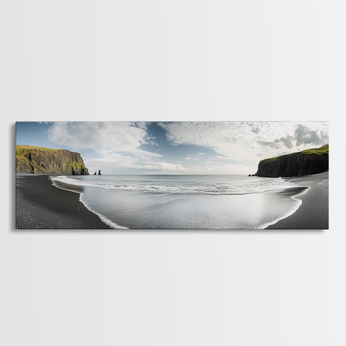 Black Sand Beach, Coastal Cliffs, Ocean Horizon, Icelandic Shore, Framed Canvas Print, Living Room Wall Art, Travel Landscape, Nature Decor