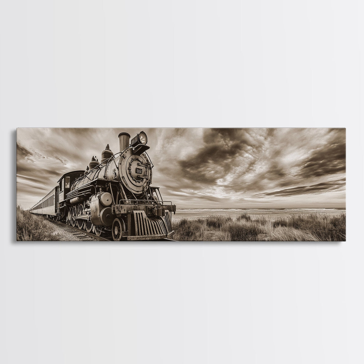 Vintage Train, Desert Steam, Rustic Travel, Western Railroad, Framed Canvas Print, Industrial Decor, Man Cave Wall Art, Rustic Western Art