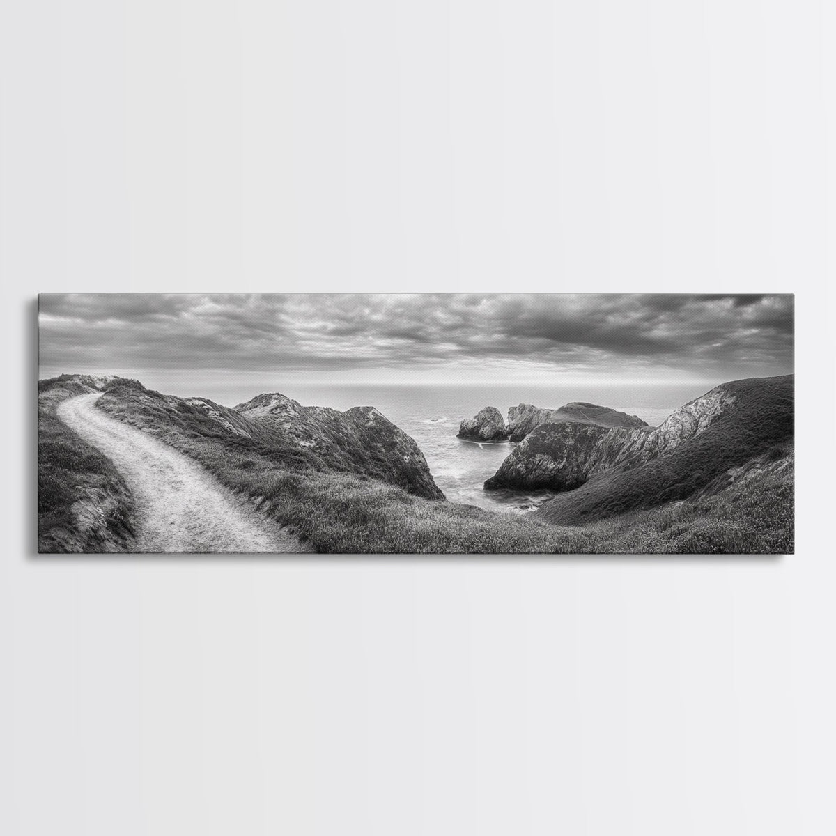 Cliff Path, Sea Escape, Moody Sky, Adventure Trail, Canvas Print, Modern Entryway Wall Art, Travel Photography, Nature Scene