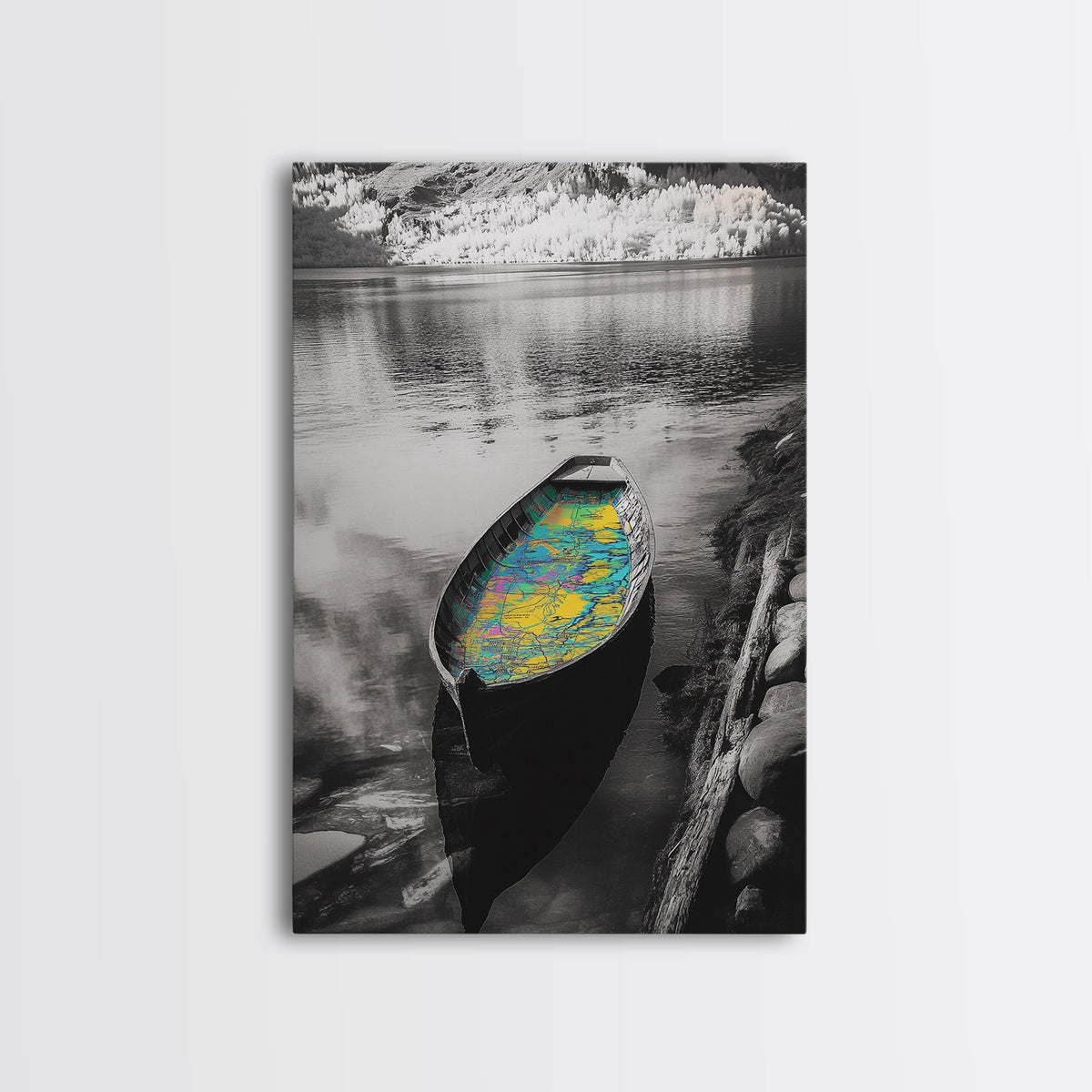 Rowboat Map Interior, Lake Reflections, Artistic Travel Theme, Canvas Print, Cabin Wall Art, Unique Lake House Decor, Explorer Style