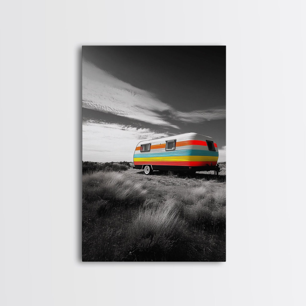Retro Trailer, Desert Scene, Color Pop Photography, Canvas Print, Vintage Camper Art, Travel Lover Gift, Boho Decor, Office Wall Art