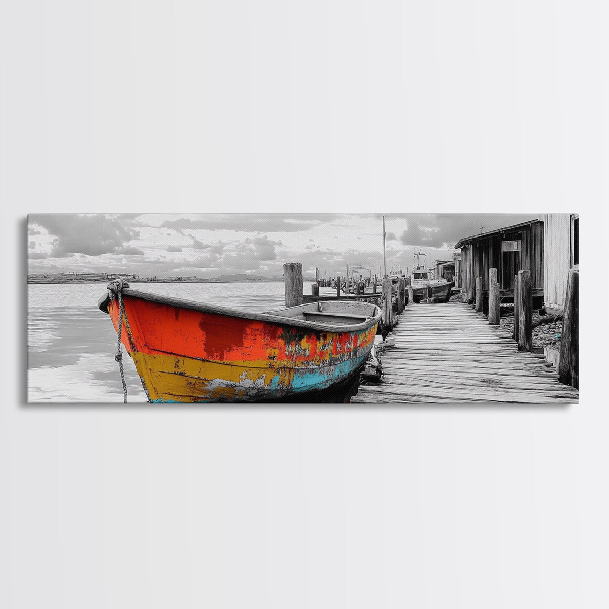 Fishing Boat, Rustic Dock, Weathered Wood, Vintage Vibes, Framed Canvas Print, Seaside Decor, Coastal Wall Art, Lake House Aesthetic
