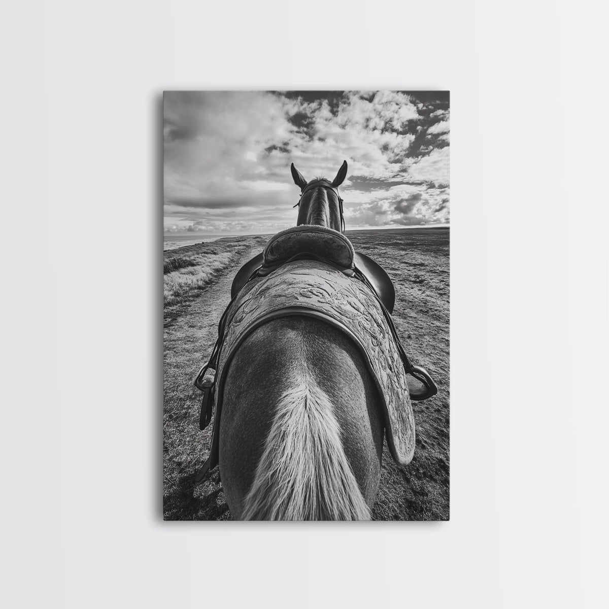 Horseback View, vintage horse art, equestrian decor, rustic wall art, western home decor, moody art, framed canvas print, farmhouse art