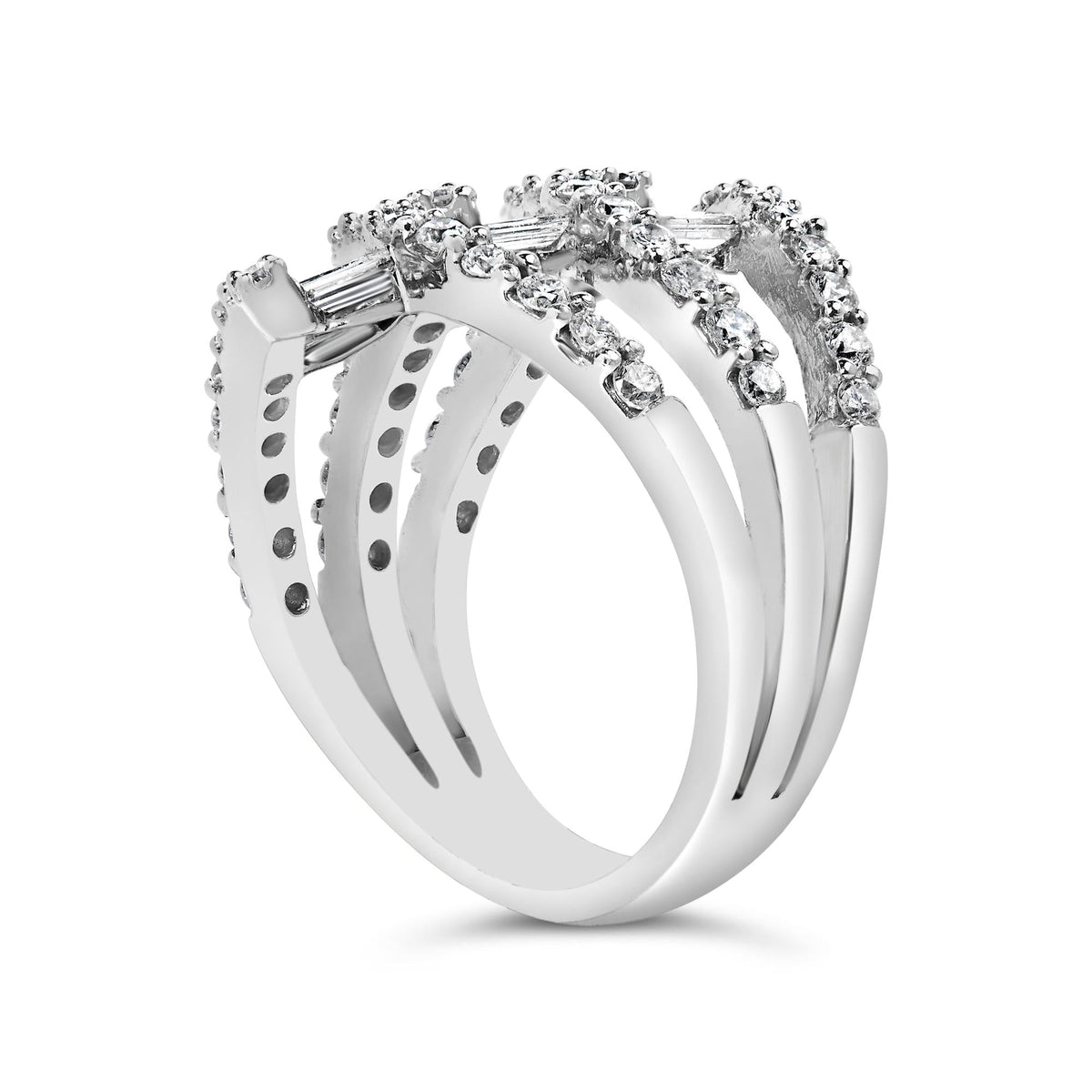 18K White Gold 1 3/4 Cttw Diamond Multi Crossover and Split Shank Cocktail Ring