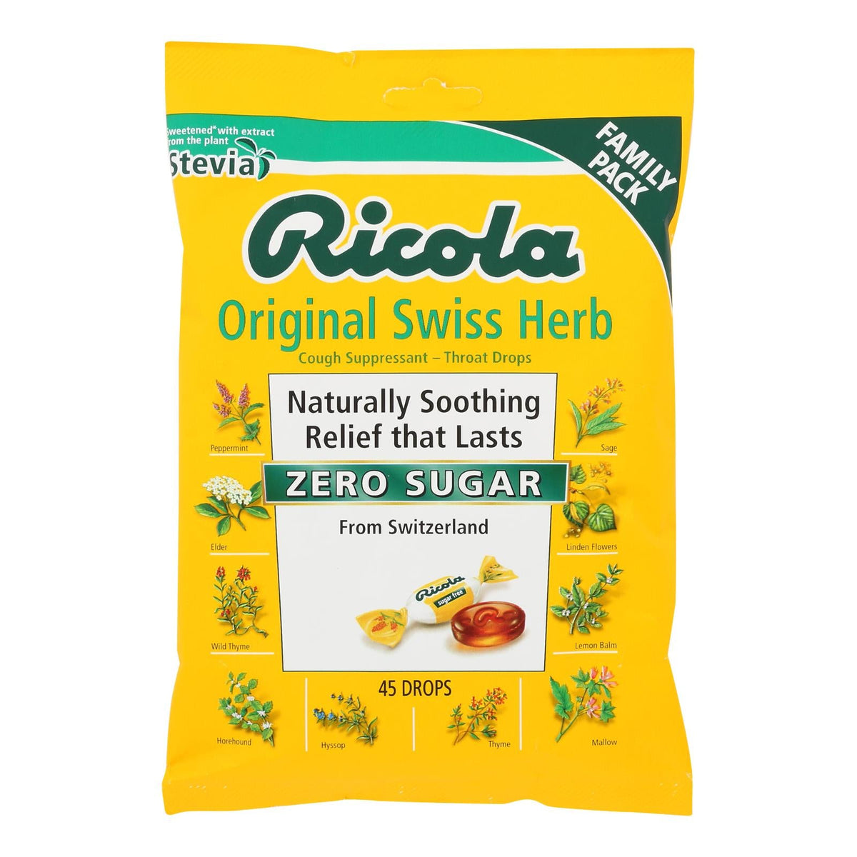 Ricola Sugar Free Menthol Drops with Stevia, 45 ct (Case of 6)