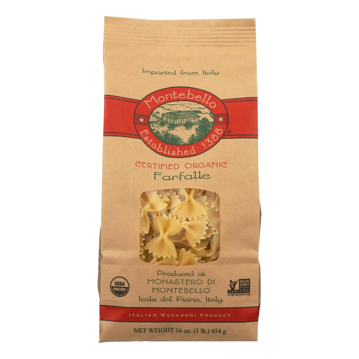 Montebello Organic Farfalle Pasta, 1 lb (Case of 12)
