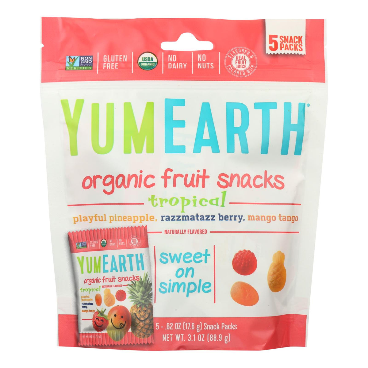 YumEarth Organic Raspberry, Pineapple & Mango, 3.1 oz (Case of 12)
