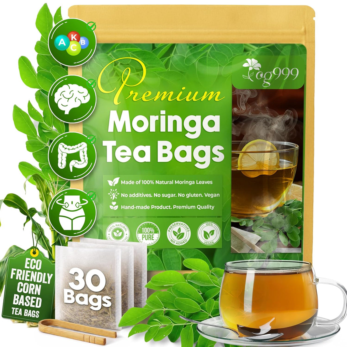 Moringa Leaf Tea Bags, 100% Natural & Pure from Moringa Leaves. Loose Leaf Moringa Herbal Tea. Moringa Leaf Tea. No Sugar, No Caffeine, No Gluten, Vegan