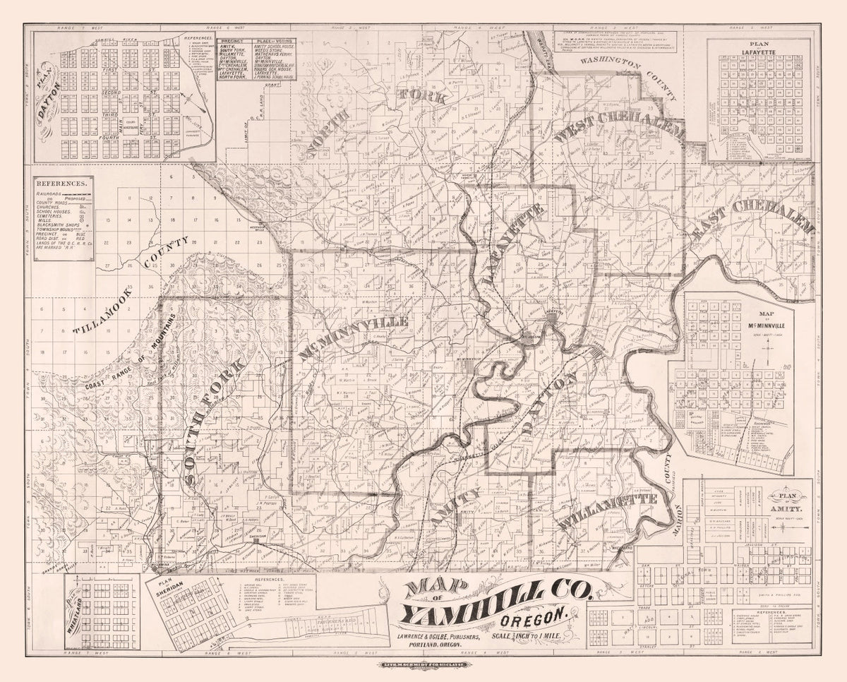 Vintage Map of Yamhill County, Oregon 1879