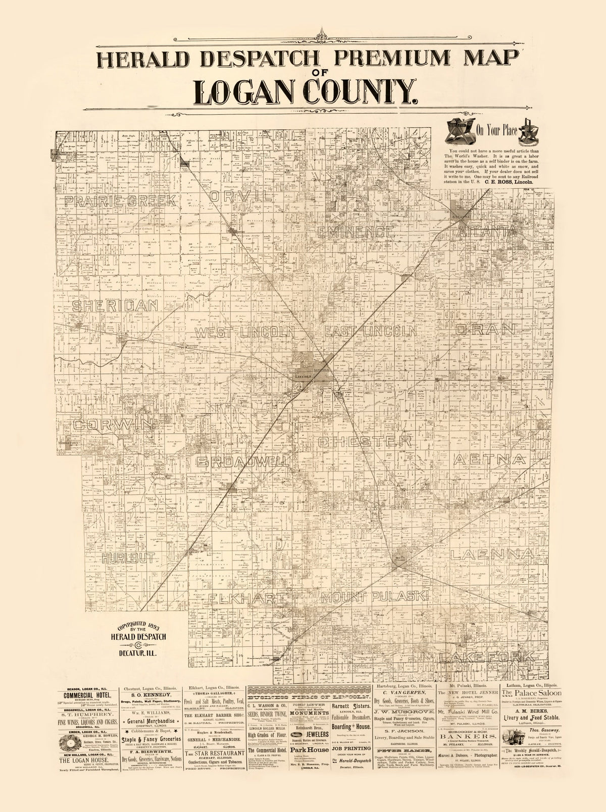 Vintage Map of Logan County, Illinois 1893