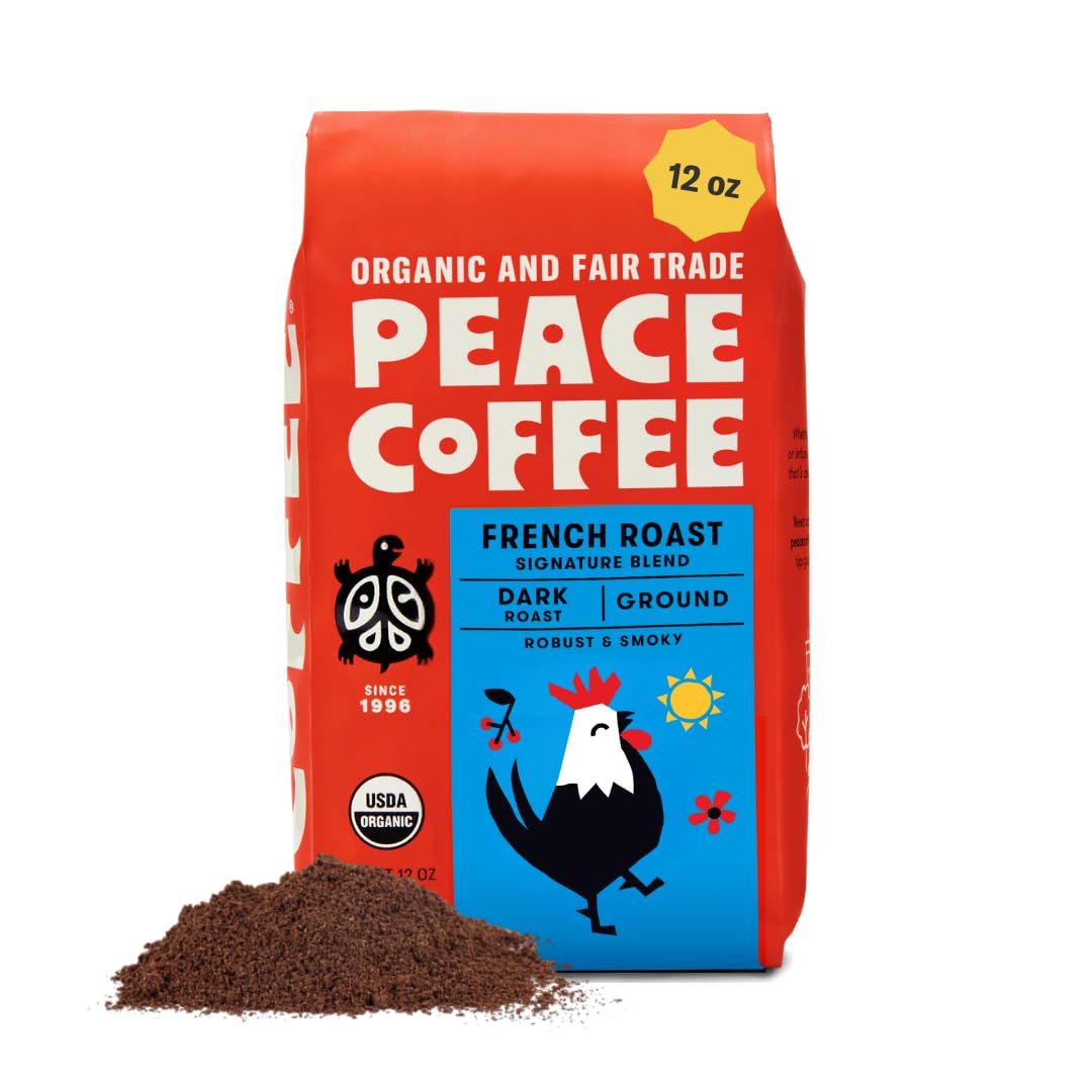 Peace Coffee Organic Fair Trade French Roast Ground Coffee, Case of 6, 12 oz Bags