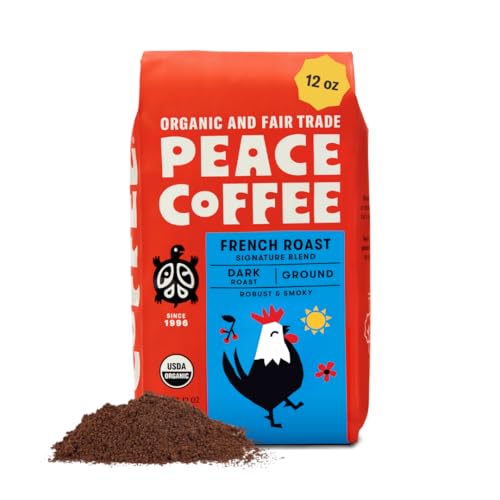 Peace Coffee Organic Fair Trade French Roast Ground Coffee, Case of 6, 12 oz Bags