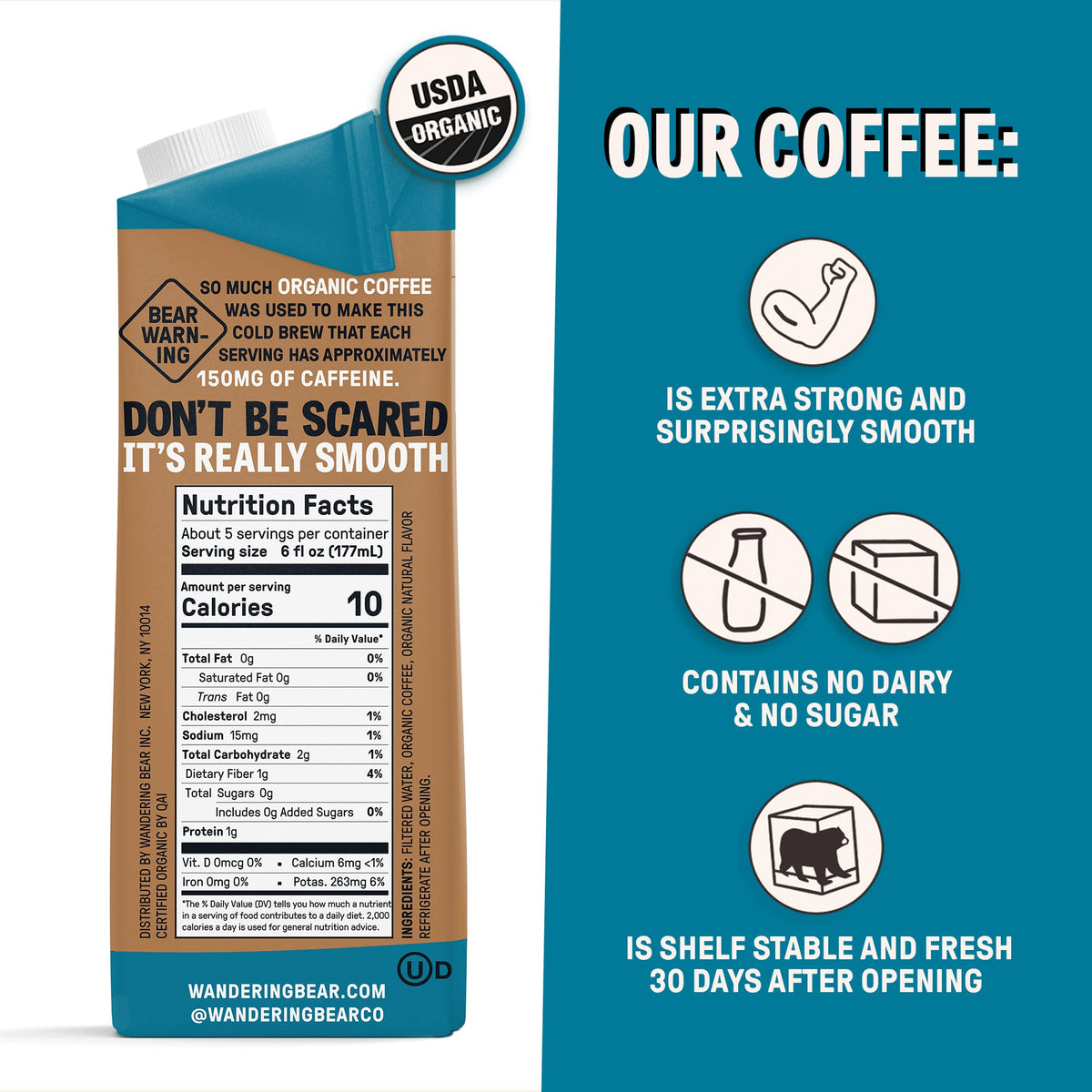 Wandering Bear Coffee Organic Vanilla Cold Brew Coffee, Case of 6, 32 Fluid Ounce
