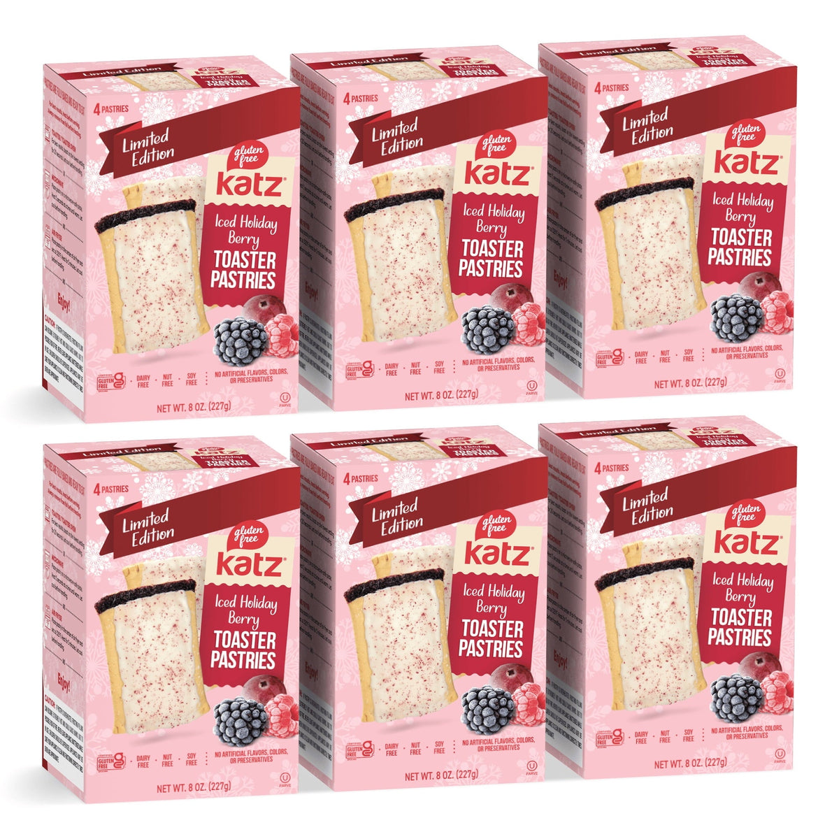 Katz Gluten Free Iced Holiday Berry Toaster Pastries, Case of 6, 8 Ounce